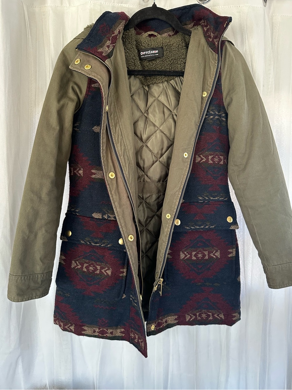 CoffeeShop Olive & Navy Patterned Trench Coat